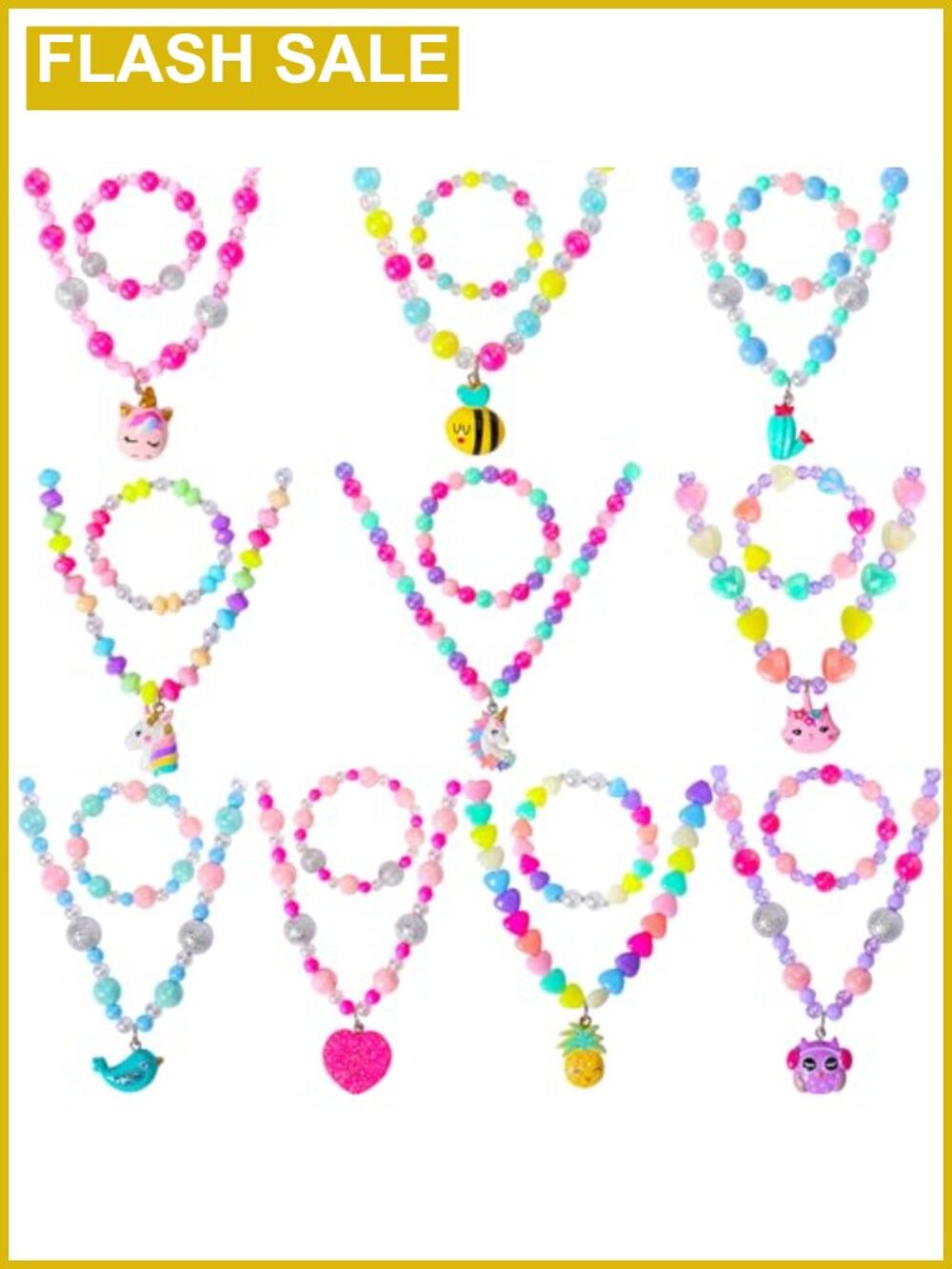 Kids Jewelry Set Beaded Necklace Bracelet 10 Sets Unicorn Cat Bird Owl Party